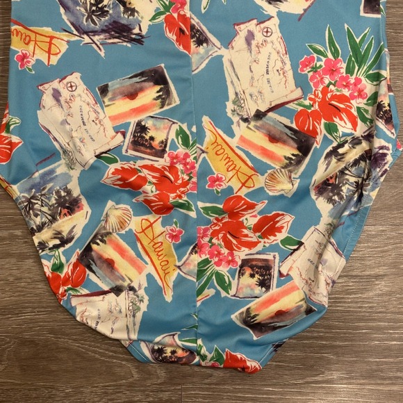 VTG 90s Hawaii Postcard Print One Piece Swimsuit Blue Tropical Floral Small - Picture 7 of 12